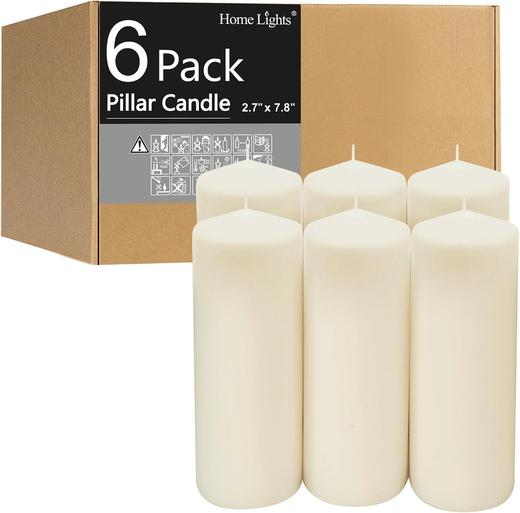 HomeLights Pillar Candles - 2.7x8 inch | 80 Hours Burning, 6 Count - White Unscented Smokeless European Pillar Candles - Perfect for Wedding, Parties, Spas, Home Gatherings and Dinner