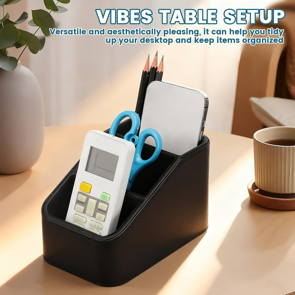 PU Leather Remote Control Holder, TV Remoter Caddy Desktop, Remote Caddy Box with 3 Compartments for Nightstand Bedside Table Couch Desk, Small Storage Organizer for Glasses, Cosmetics, Office Supply