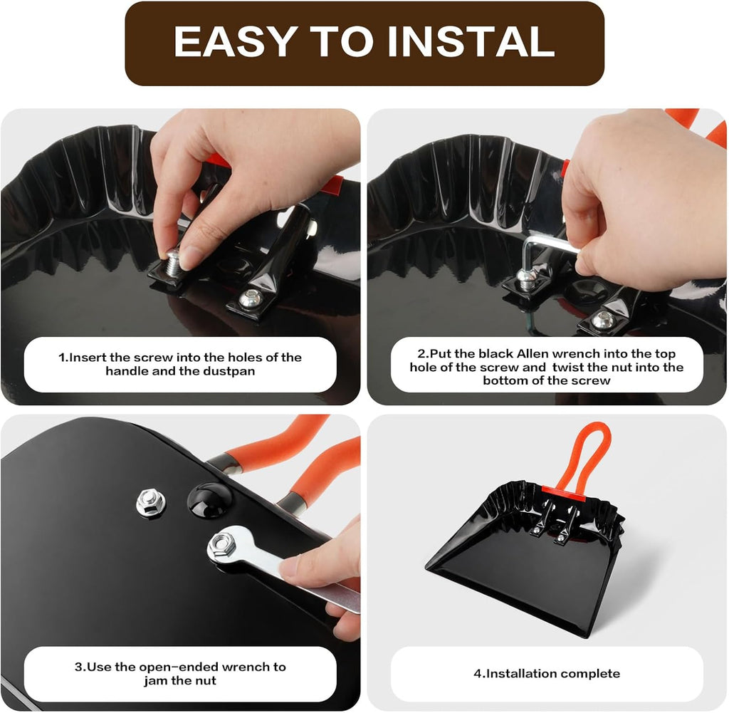 12 Inch Metal Dustpan with Wood Brush, Steel Dust Pan Brush Set