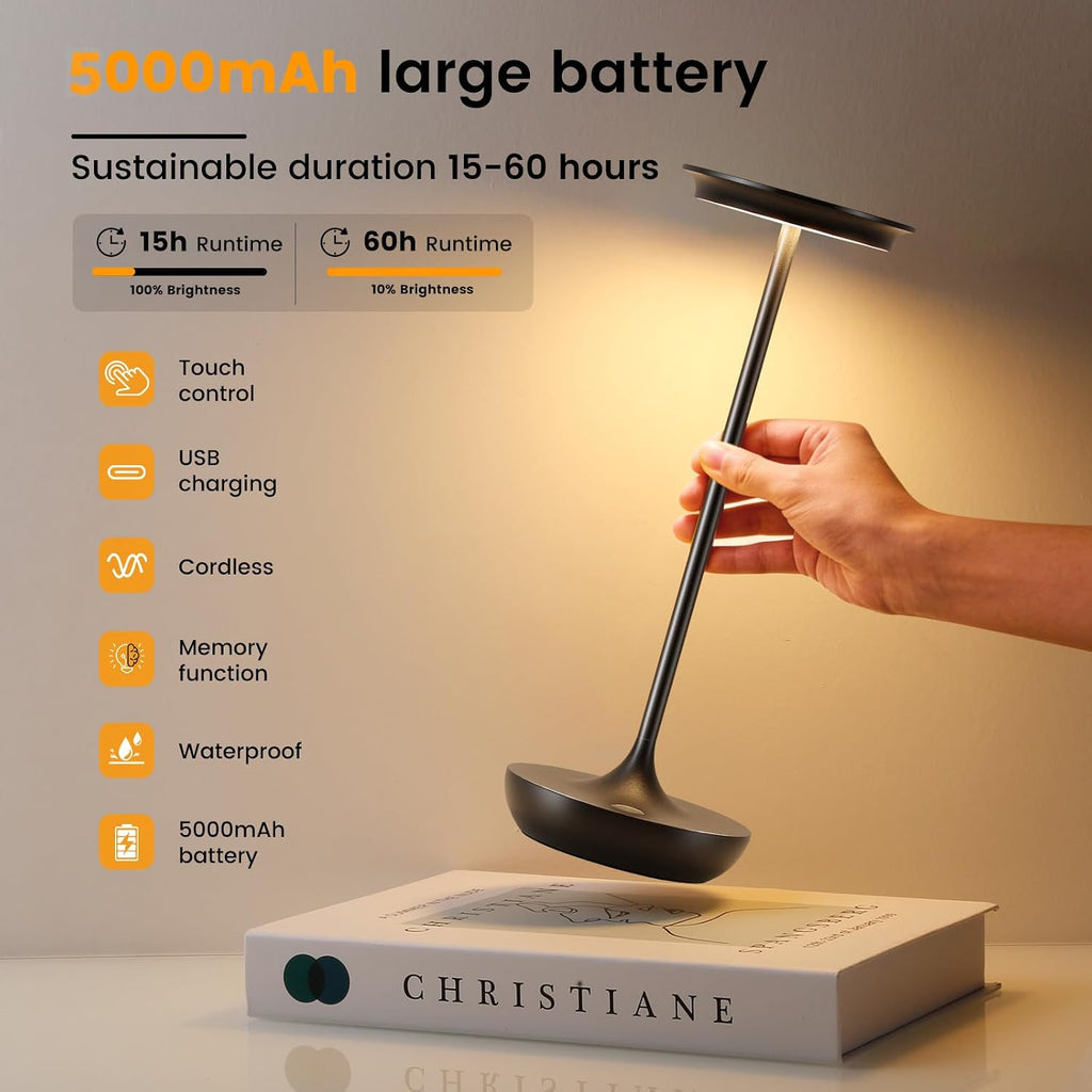 LED Rechargeable Cordless Table Lamp Battery Operated Light Black