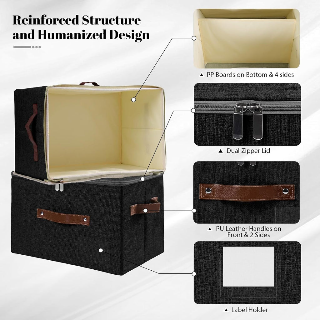 ANMINY Small Storage Box Fabric Bins with Zipper Lid, 10"x8"x7" Black 3PCS