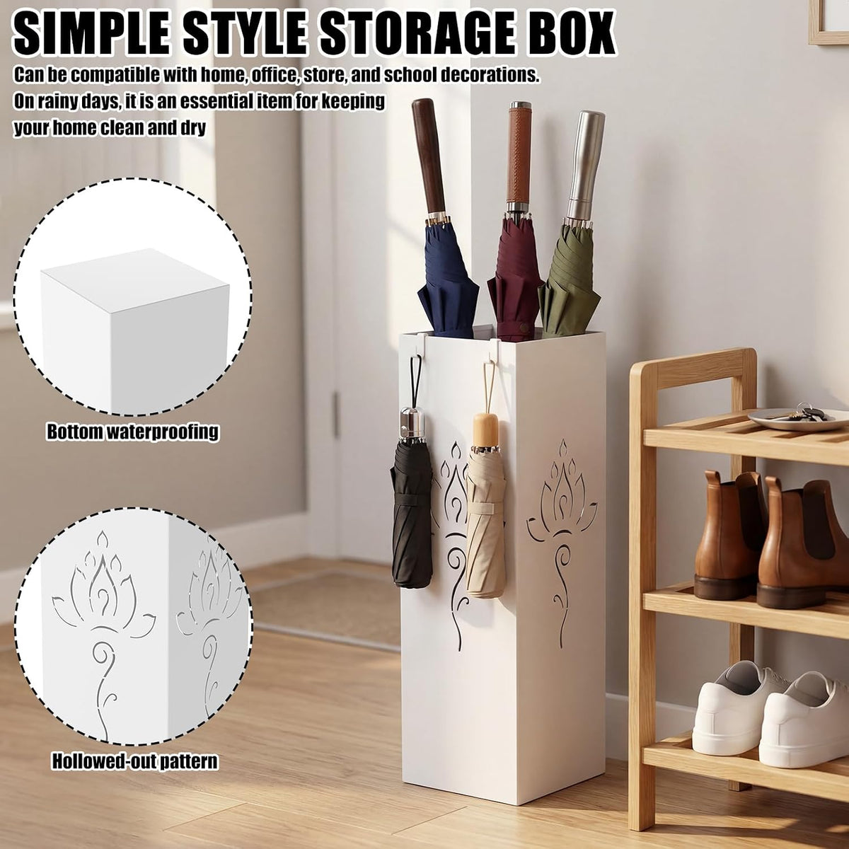 Square Metal Umbrella Holder, Square Free Standing Umbrella Rack Decorative Umbrella Holder Hollow Cutout Pattern Design for Umbrella Cane Entryway Home Office 19.49" X 6.1" X 6.1" (White hollowed out