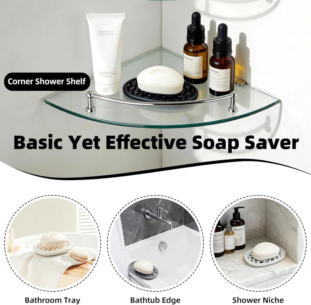 2 Pack Soap Dish for Shower, Non-Slip Silicone Bar Soap Holder with Efficient Drainage Holes for Bathroom Sink, Self Draining Soaps Saver Pad for Shower Niche, Shelf (Black- 2Pcs)