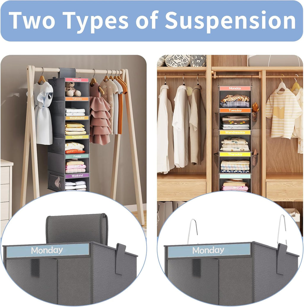 Weekly Kids Clothes Organizer 6-Shelf Hanging Closet Storage Dark Grey