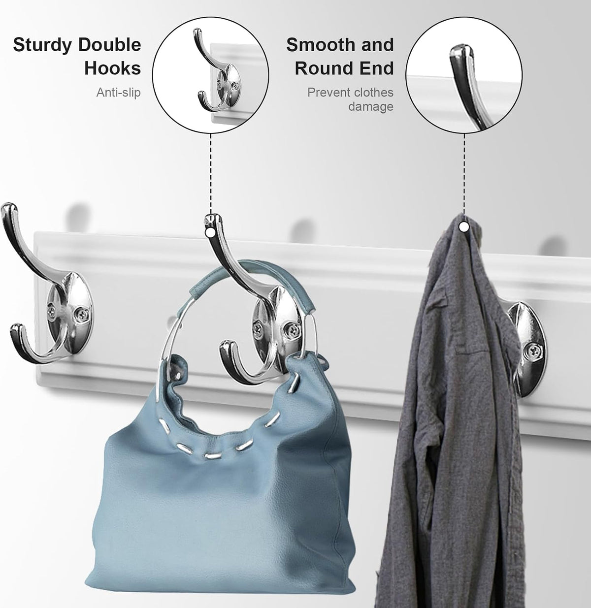 Coat Rack Wall Mounted White, 17" Wooden Modern Wall Coat Hanger with 4 Hooks, Heavy Duty Zinc Alloy Wall Hook Rack for Hanging Coats, Keys, Bags, Great Touch for Bedroom Bathroom Kitchen