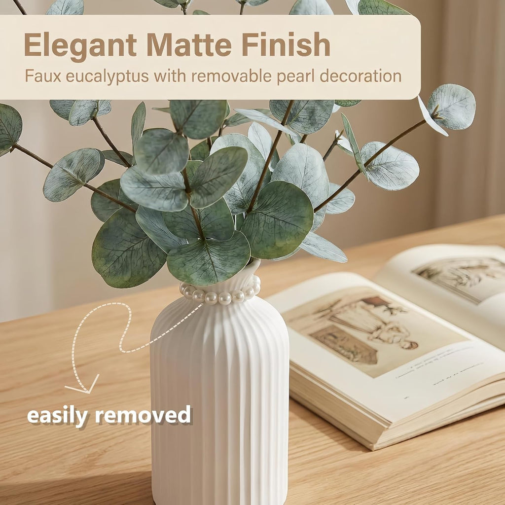 Artificial Eucalyptus Stems in Vase, Faux Plants with Frosted Ceramic Vase, Nordic Style Fake Green Plants with Bottle Set for Home Decor Indoor Centerpiece (Green Eucalyptus with White Vase)