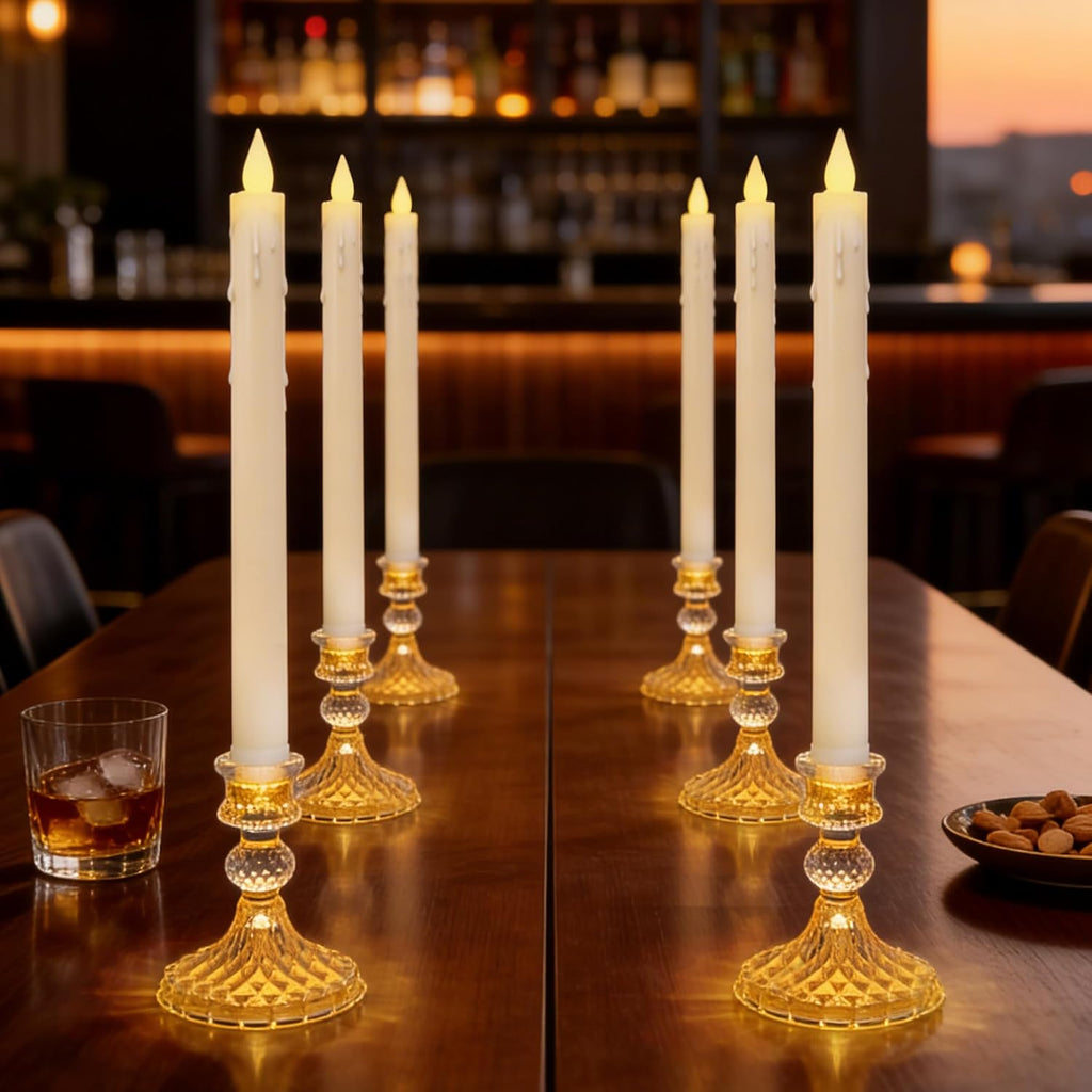 Flameless Taper Candles with Illuminated Glass Candle Holder, Remote Timer 2AA Battery Operated 500+ Hours for Thanksgiving/Xmas Decor, Wedding Centerpiece, Ivory, 2 Pack