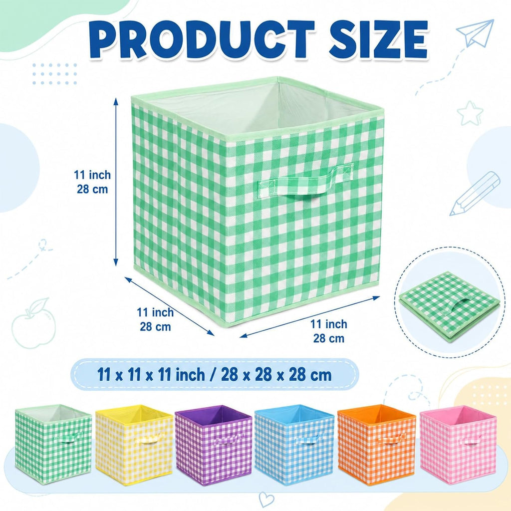 6 Pack 11 Inch Colorful Gingham Cube Storage Bins Fabric Checkered Basket