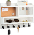 Key Holder for Wall with Mail Organizer,Farmhouse Mail and Key Holder for Wall,Key Hanger with ‌Metal 11 Hooks,Corkboard,and Shelf,Decorative Natural Pine Wood Entryway Organizer,14.6*11.1*3.3”,White