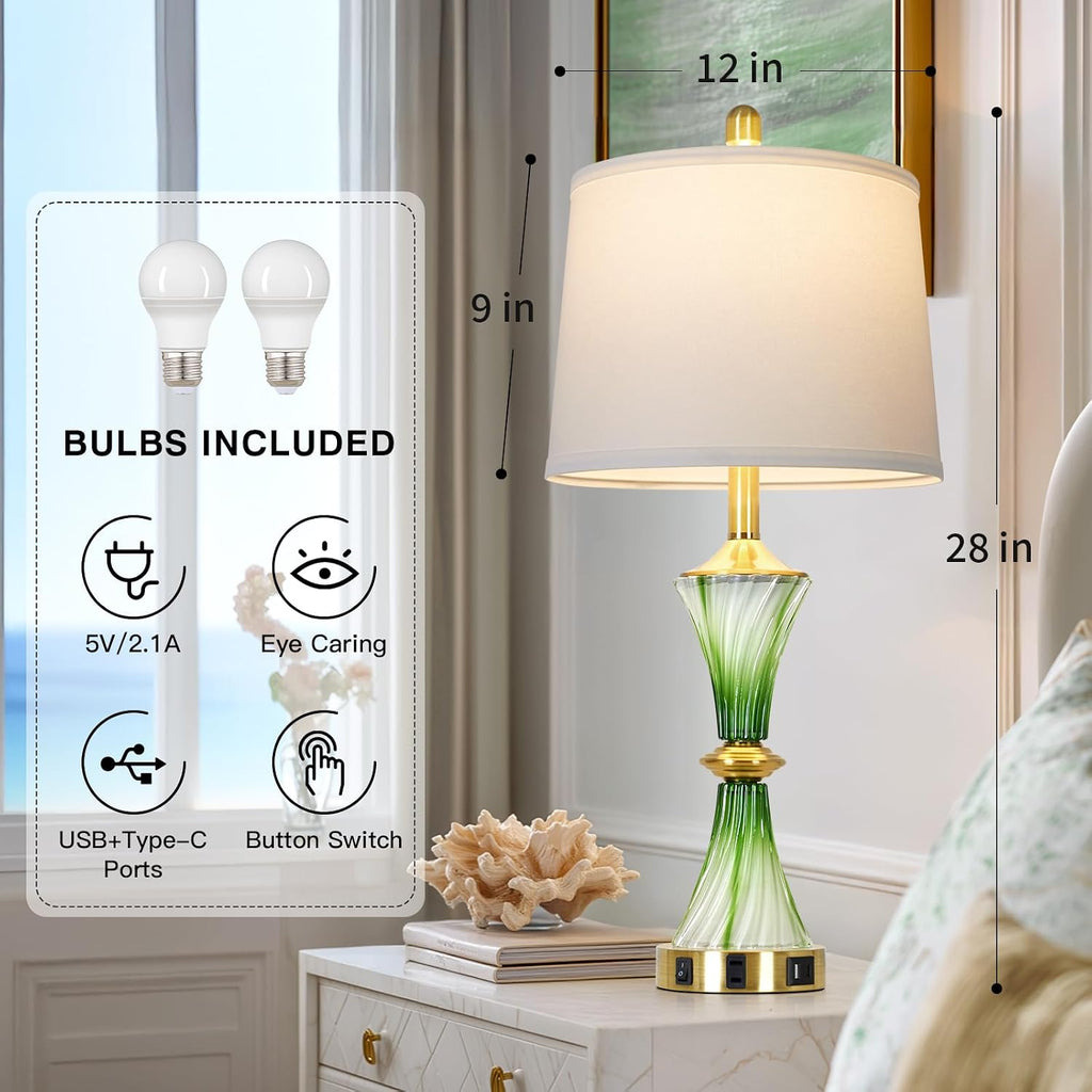 Rinweey Green Glass Table Lamp Set of 2 with USB C+A Ports & AC Outlet, Bedside Lamp, Modern Bedroom Lamps, Coastal Lamp for Night Stands Bedroom Living Room,Nightstand Lamp LED Bulbs Included
