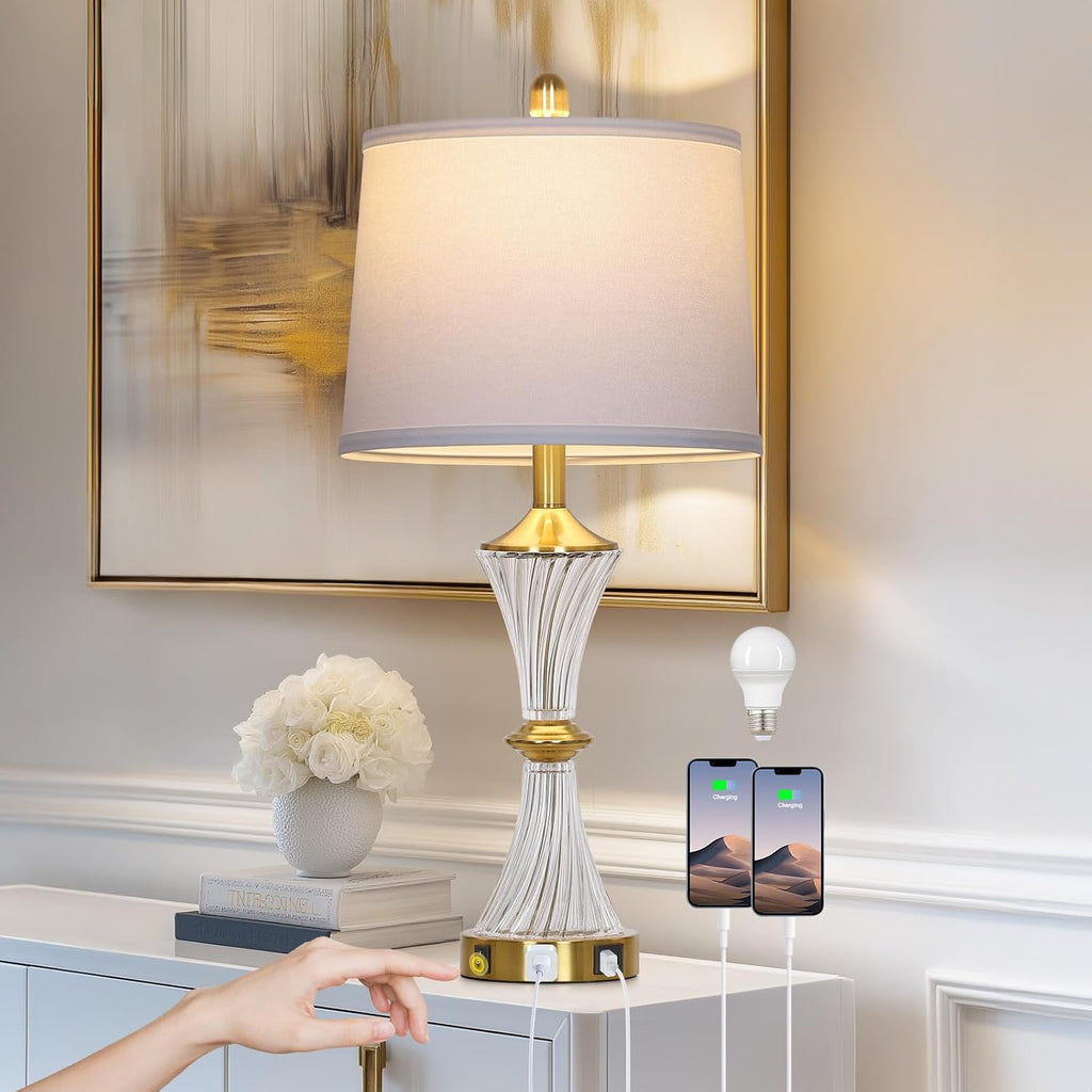 Rinweey Crystal Glass Table Lamp with USB C+A Ports & AC Outlet,Modern Bedroom Lamps,Gold Lamp for Night Stands Bedroom Living Room,Nightstand Lamp LED Bulbs Included,Single Gold