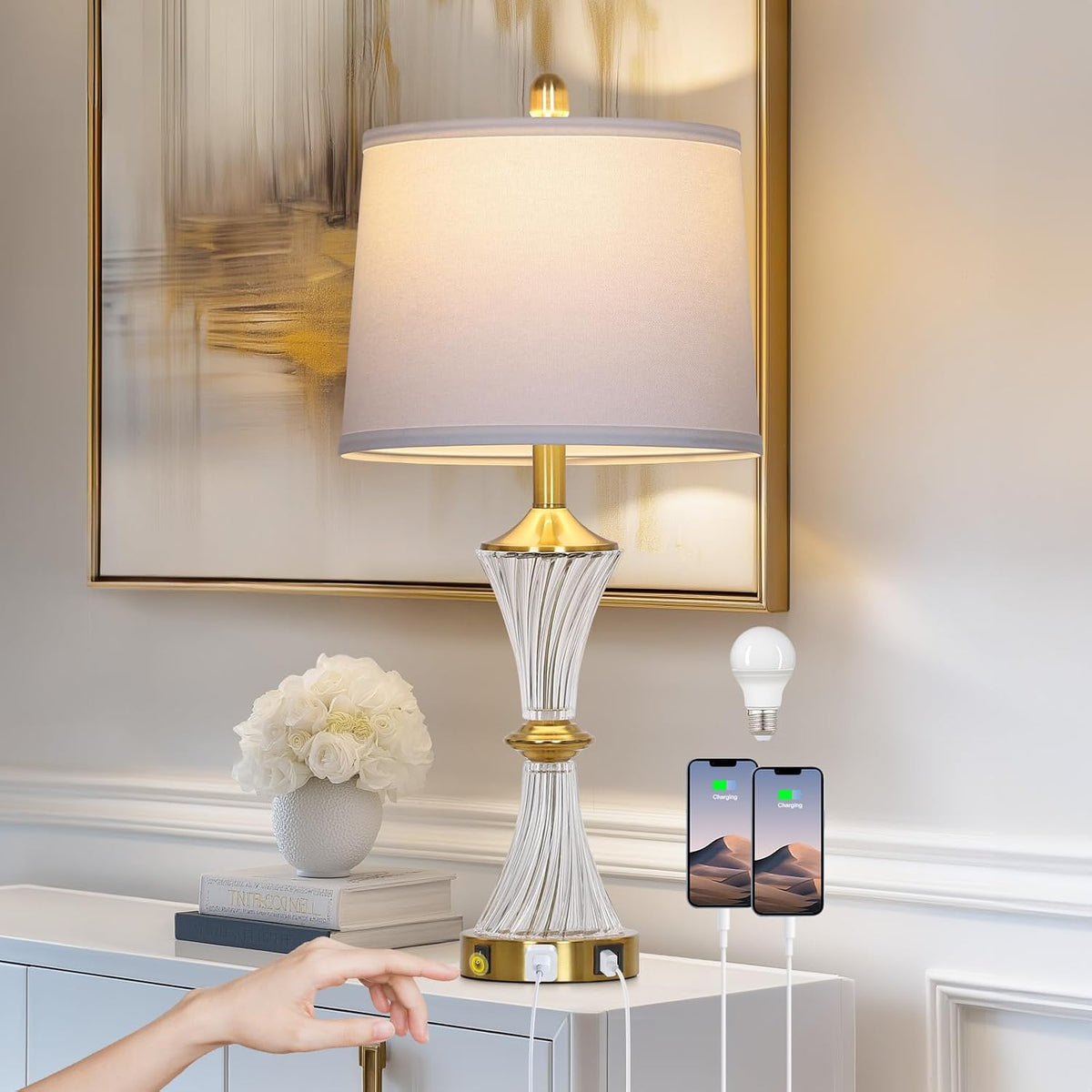 Rinweey Crystal Glass Table Lamp with USB C+A Ports & AC Outlet,Modern Bedroom Lamps,Gold Lamp for Night Stands Bedroom Living Room,Nightstand Lamp LED Bulbs Included,Single Gold