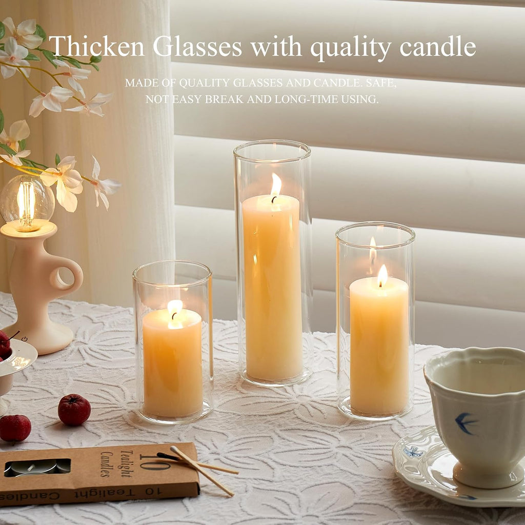 Set of 6 Pillar Candles with Clear Glass Hurricane Holders- Elegant Cylinder Candle Vases for Weddings, Parties, Centerpieces, Home & Office Decor (Lvory White, 6 Set)