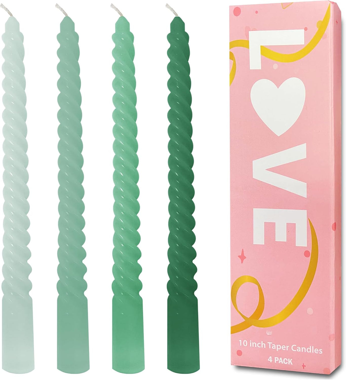 Green Taper Candles, 4 Pack Green Spiral Twisted Candle, Unscented Taper Candlesticks 10 inch, Candles for Valentines Day Home Decor Wedding Decorations