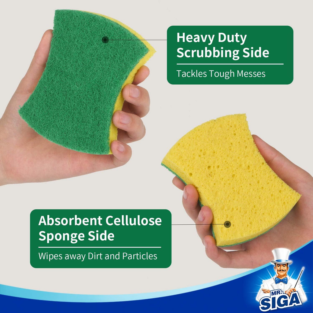 MR.SIGA Heavy Duty Cellulose Scrub Sponge, Dual-Sided Dish Sponge, 12 Pack