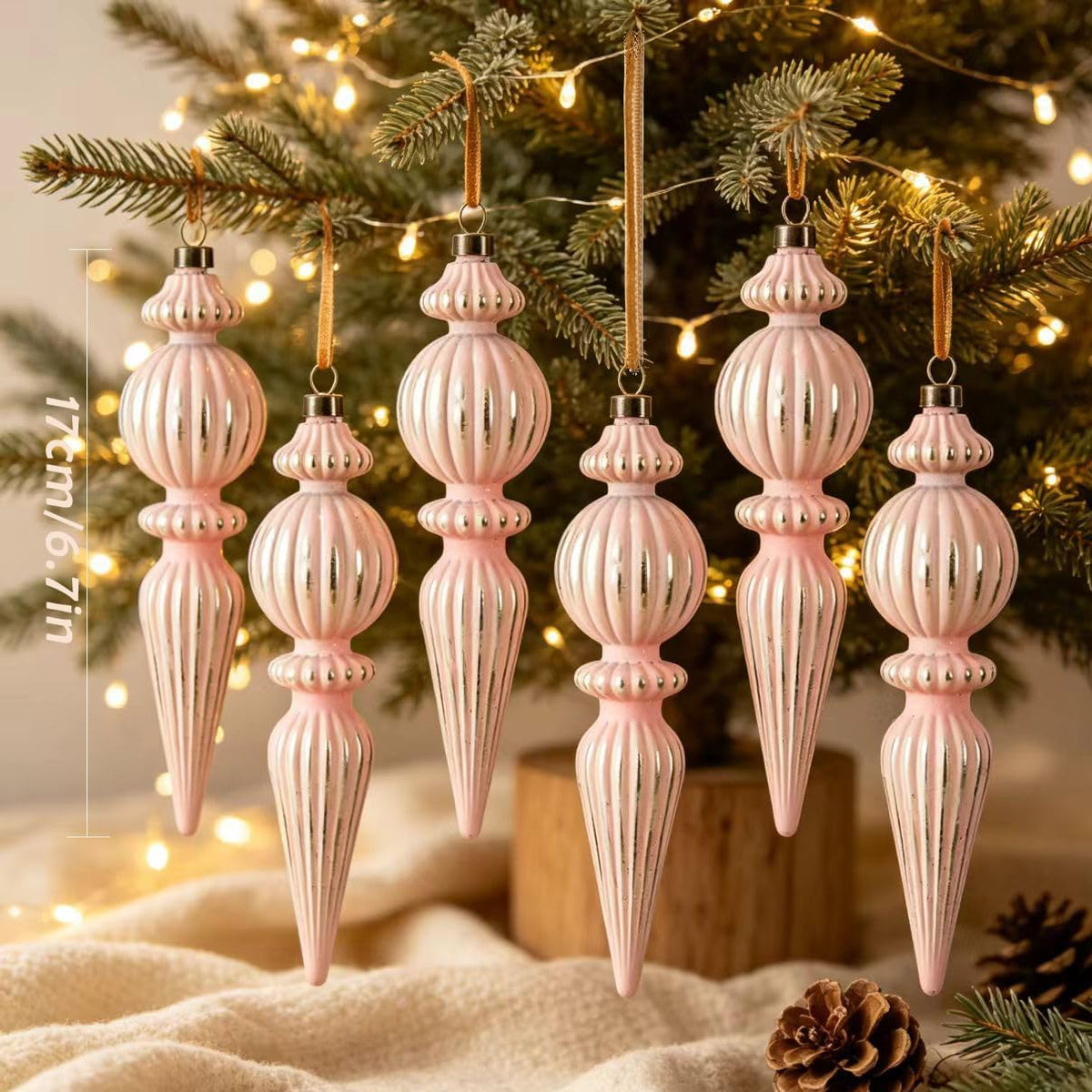 Pink Vintage Finial Christmas Ornaments, 6Pcs Neutral Shatterproof Xmas Tree Ornaments