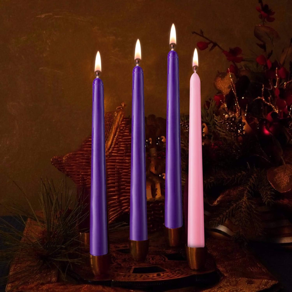 24 Pack Christmas Products 18 Purple and 6 Pink 10 Inch Unscented Taper Advent Candles Set