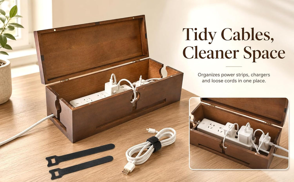 Wood Cable Management Box for Power Strip, Solid Wood Cord Organizer Box with Lid, Wire Storage Box for Desk, Living Room, Office and Media Setup