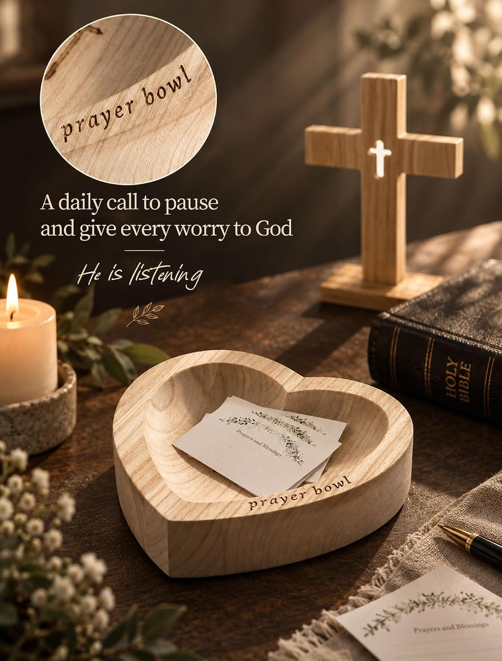 Hanobe Wooden Heart-Shaped Prayer Bowl with Cross Engraved & 25 Cards Sets