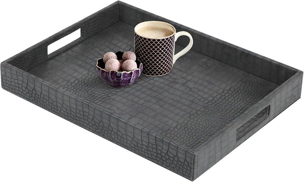 HofferRuffer Rectangle Serving Tray with Hole Handles for Coffee Table, Breakfast, Tea, Food, Butler - Countertop, Kitchen, Vanity Serve Tray, 16.2 x 12.2 x 2 inches, Faux Leather Tray (Dark Grey)