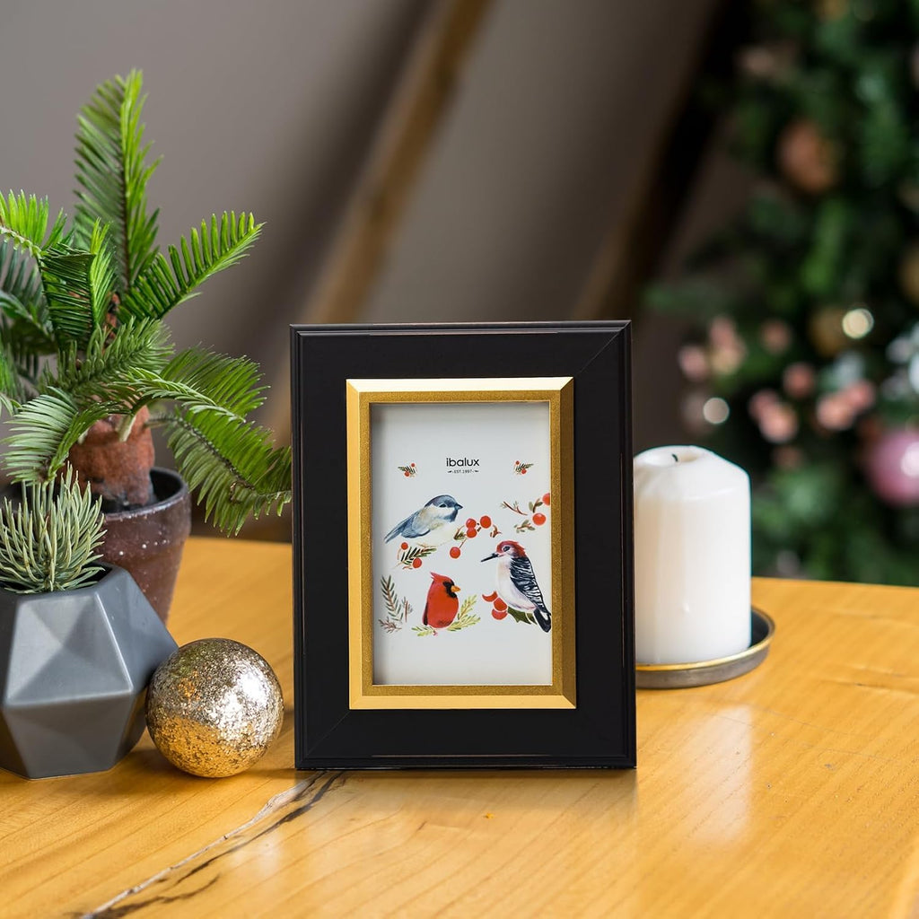 4x6 Black Wood Picture Frame with Real Glass, Gold Inner Border, Vertical and Horizontal for Tabletop or Wall Hanging