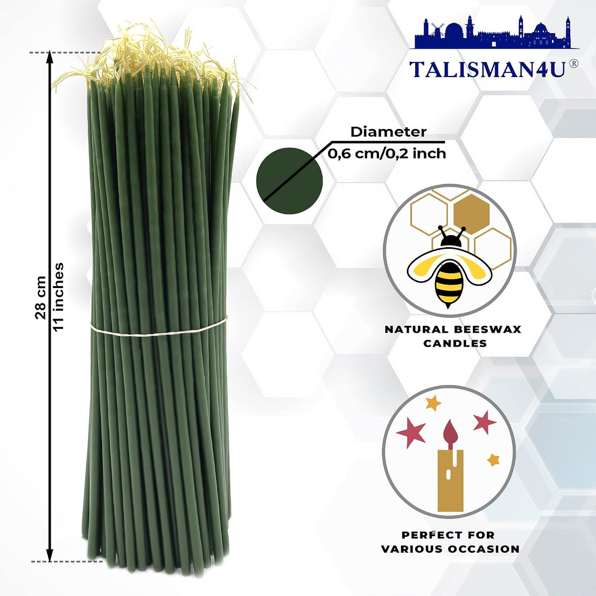 TALISMAN4U 50 Green Beeswax Taper Prayer Candles 11inch Holy Land Jerusalem
