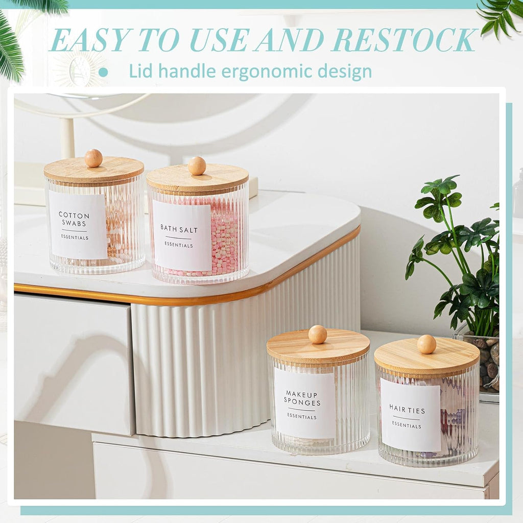 6 Pcs Plastic Holder Dispenser Bathroom Jars Bamboo Lids 18 oz, Wood Color