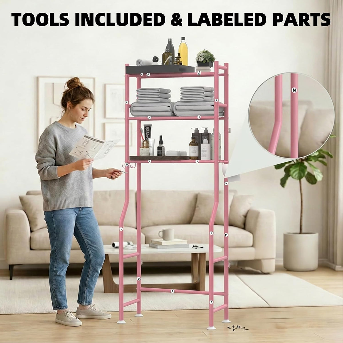 GloTika 3-Tier Over Toilet Storage Cabinet, No Drilling, 64" H, Pink