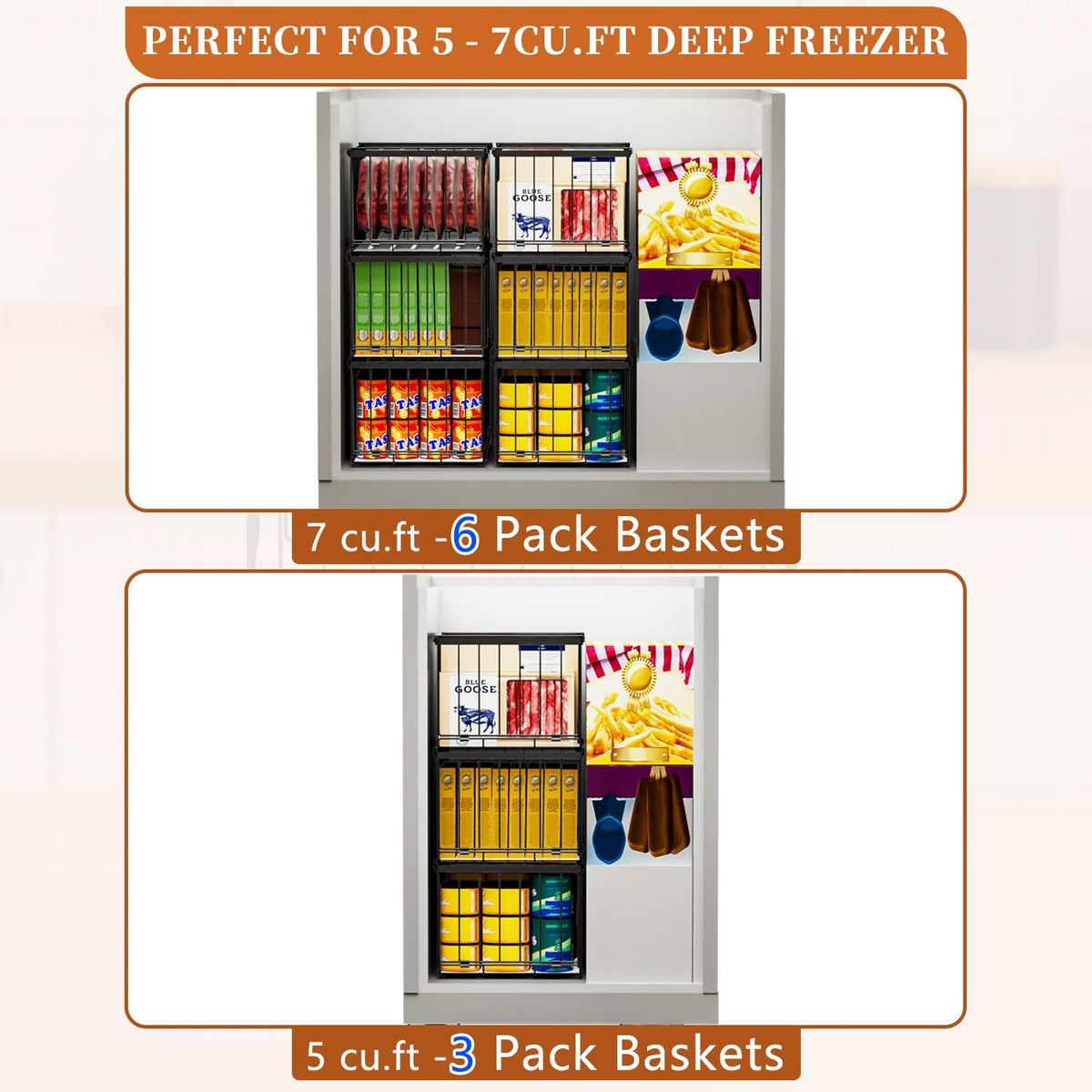 Large Freezer Organizer Bins for 5 to 9 Cu.Ft,Quick Expand/Collapse,6PACK