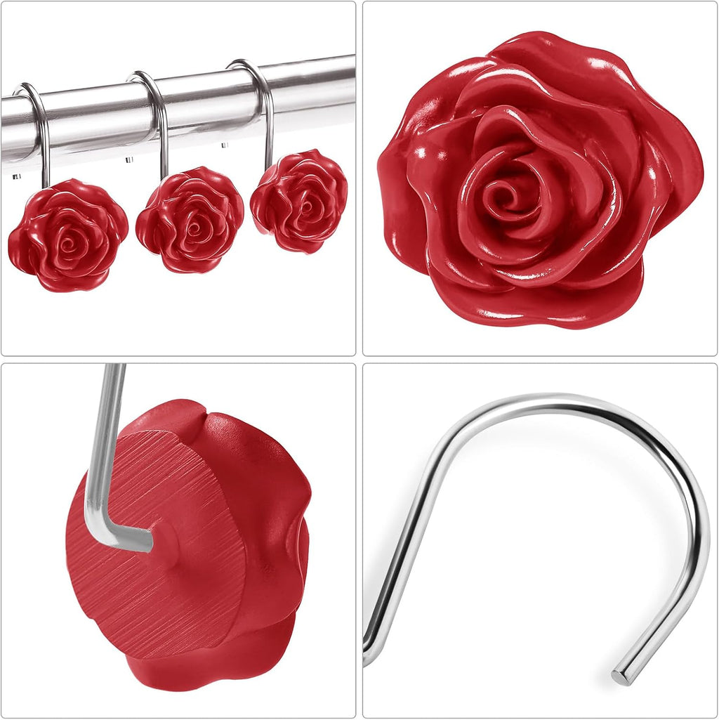 Cute Rose Floral Shower Curtain Hooks Rings for Bathroom,Red 12PCS