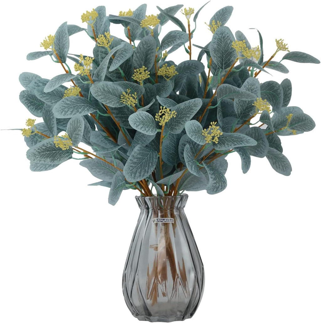 Sky Blue Artificial Eucalyptus Stems, 12Pcs 20" Branches with Beige Berries