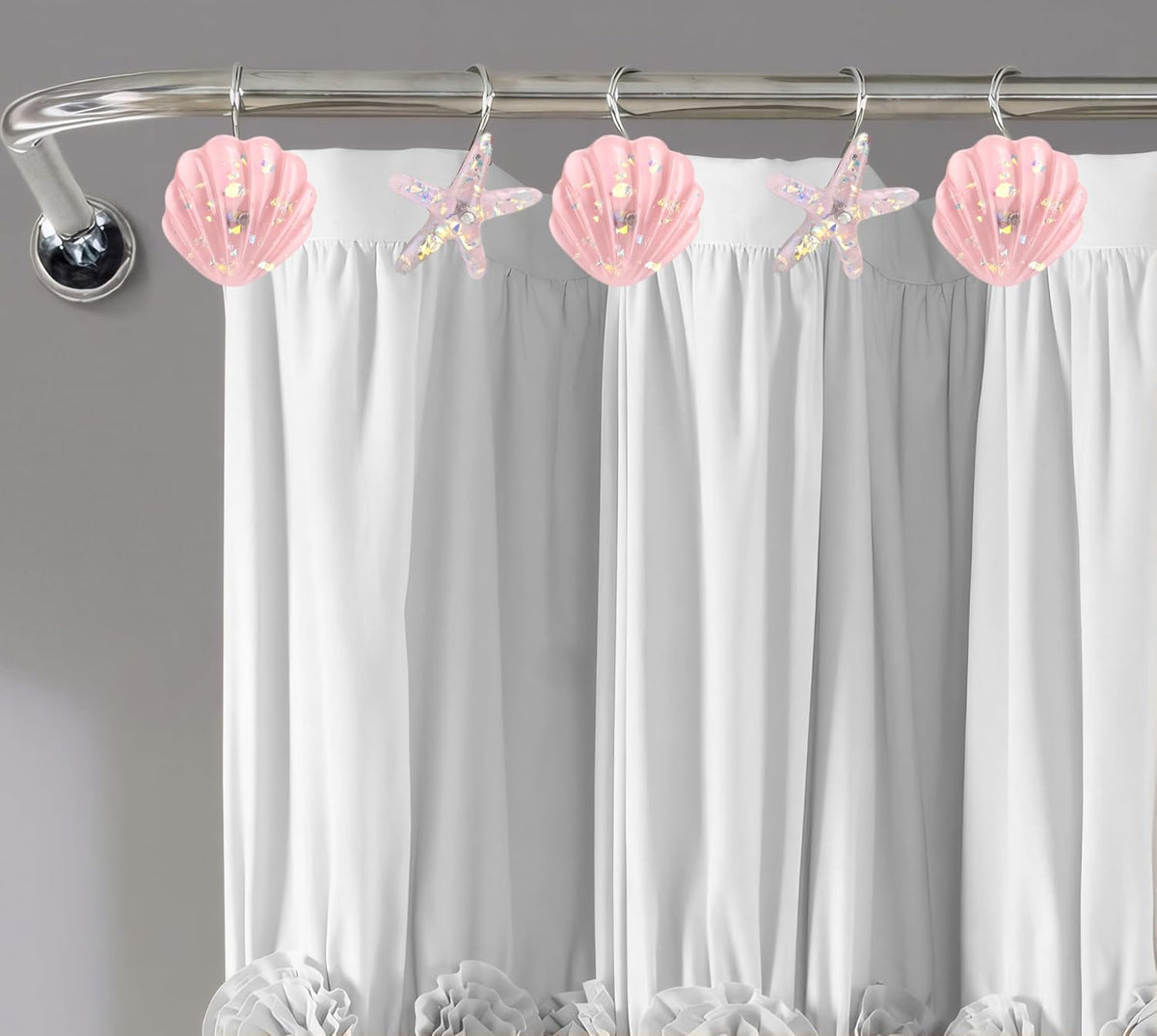 Seashell Shower Curtain Hooks, 12PCS Stainless Steel Anti Rust Starfish and Seashell Decorative Shower Hooks Ocean Theme Shower Curtain Hooks for Home Bathroom (Pink Seashell)