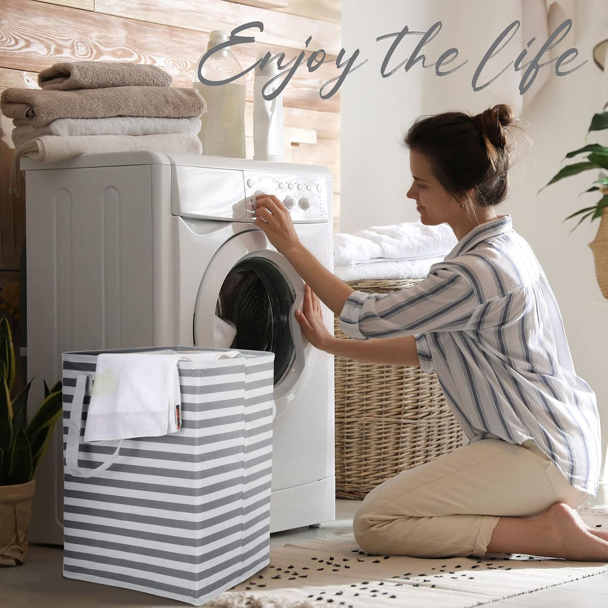 6 Pcs Laundry Hamper 75L Large Collapsible Laundry Baskets Tall Freestanding Waterproof Clothes Hamper Organizer with Easy Carry Handles for Clothes Storage Family Dorm(Gray, White)
