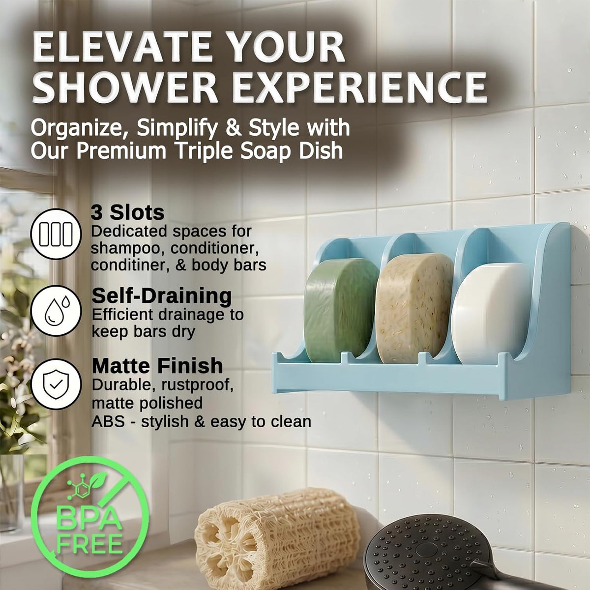 Soap Holder for Shower Wall, 3-Compartment Soap Dish [Patent Pending]