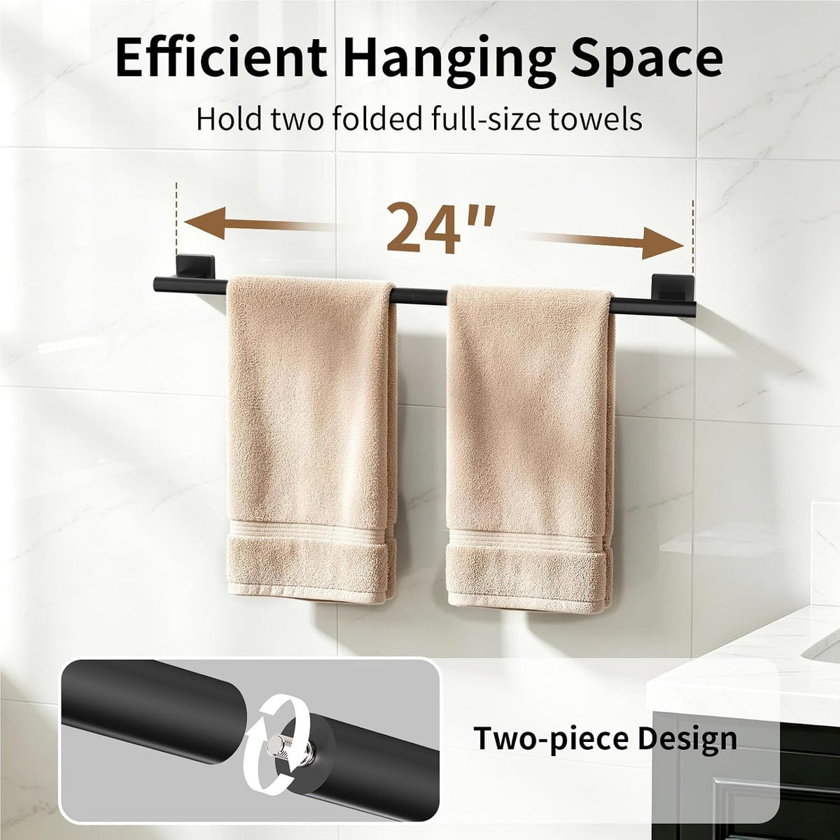 Bethom Matte Black Towel Bar, 24 Inch Towel Racks for Bathroom Wall Mounted