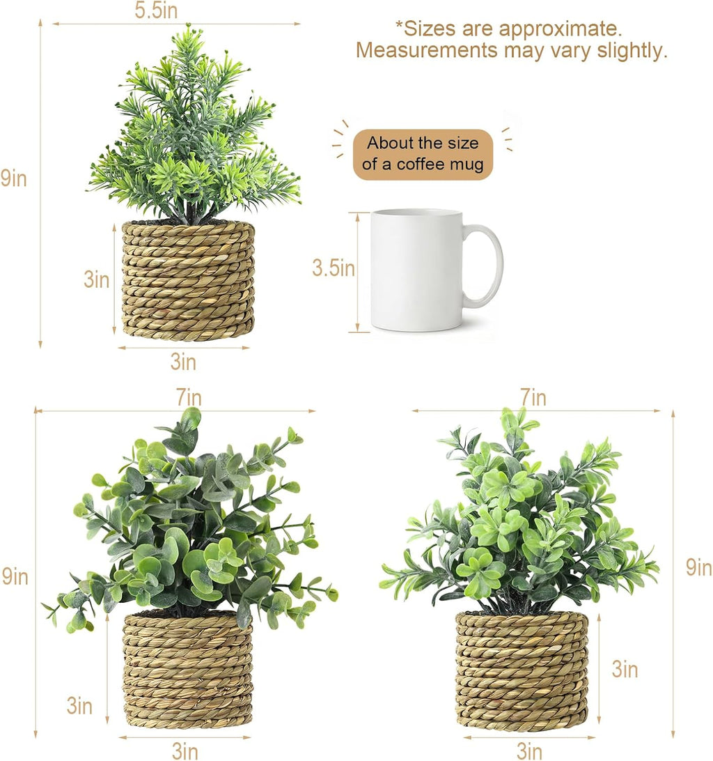 Small Fake Plants, 3 Pack Artificial Potted Plants with Seagrass Pots