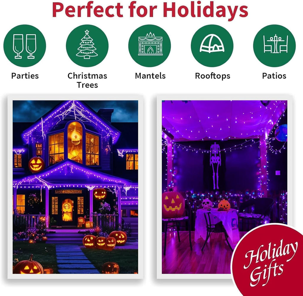 LAMPHOME Halloween Lights, 99ft 300LED Light Purple String Lights, Clear Wire 16 Modes LED Waterproof Indoor Outdoor Purple Christmas Lights Plug in, Halloween Bedroom Garden Party Decor