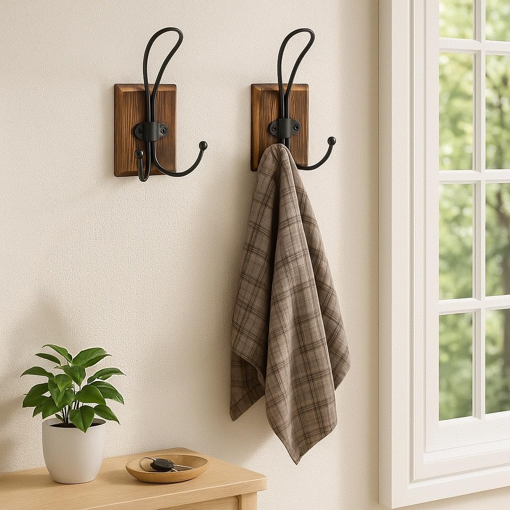2-Pack Rustic Wood Wall Hooks - Wall Mounted or Adhesive Coat Rack for Bathroom Towels Robes - Farmhouse Modern Decorative Entryway Hangers for Hats Keys Purses Bags, Brown