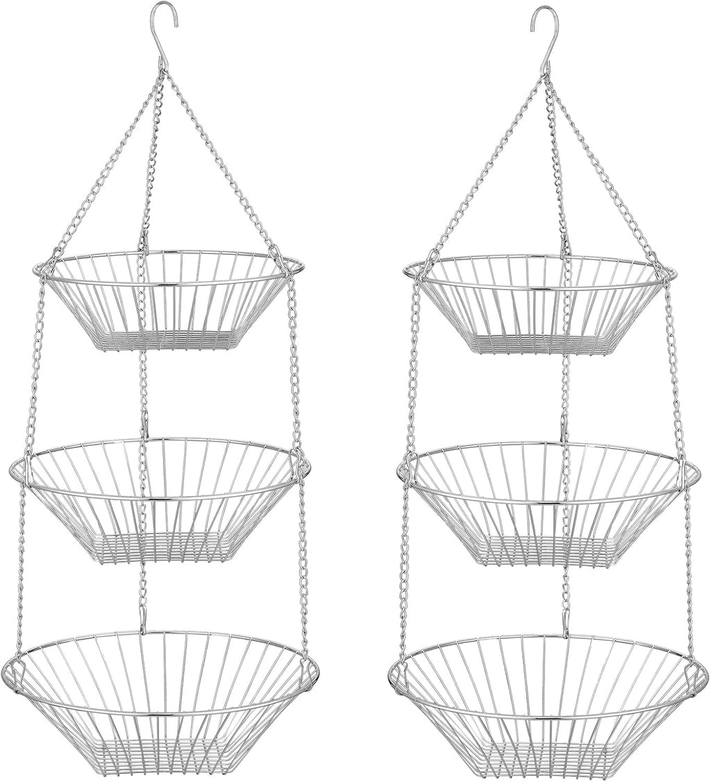 JUNCHU CHERRY 3-Tier Wire Fruit Hanging Basket 2 Packs, non-Punching Wall Hanging Storage, Kitchen Bathroom Organization Basket, Suitable for Bathroom, Kitchen, Closet, Garden, Chrome