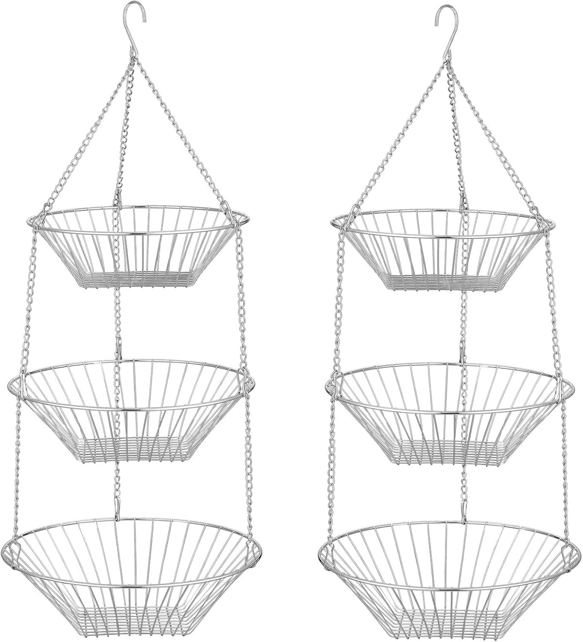 JUNCHU CHERRY 3-Tier Wire Fruit Hanging Basket 2 Packs, non-Punching Wall Hanging Storage, Kitchen Bathroom Organization Basket, Suitable for Bathroom, Kitchen, Closet, Garden, Chrome