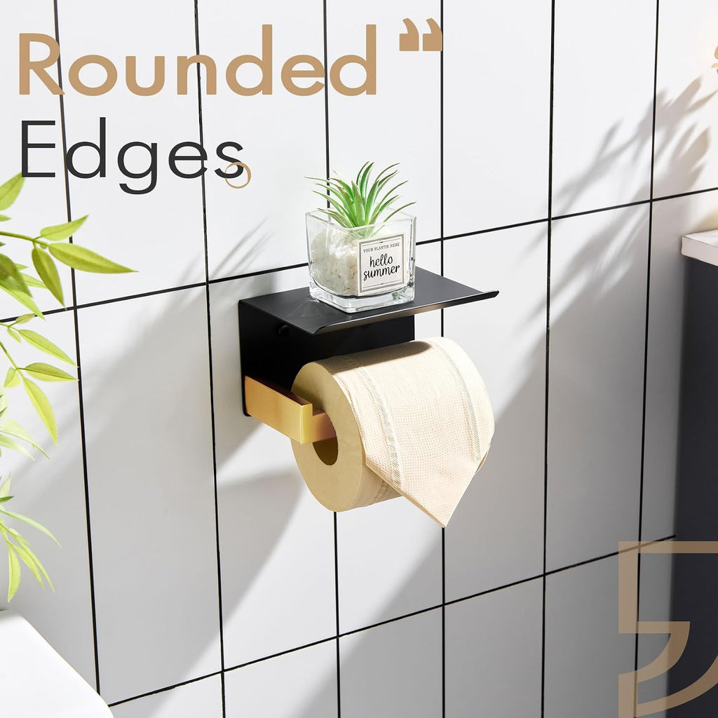 KOKOSIRI Toilet Paper Holders with Shelf Bathroom Toilet Paper Roll Holder Wall Mounted T-304 Stainless Steel, Matte Black and Gold B2010GDK (Pack of 2)