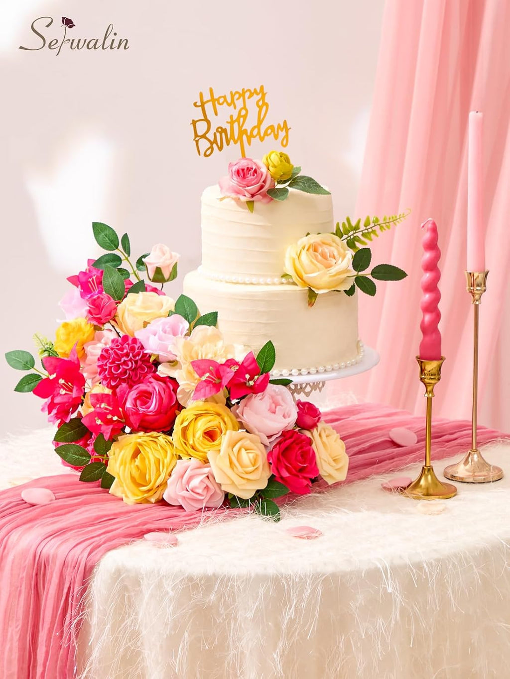 Serwalin Artificial Hot Pink Yellow Flowers Magenta Silk Flower for Wedding