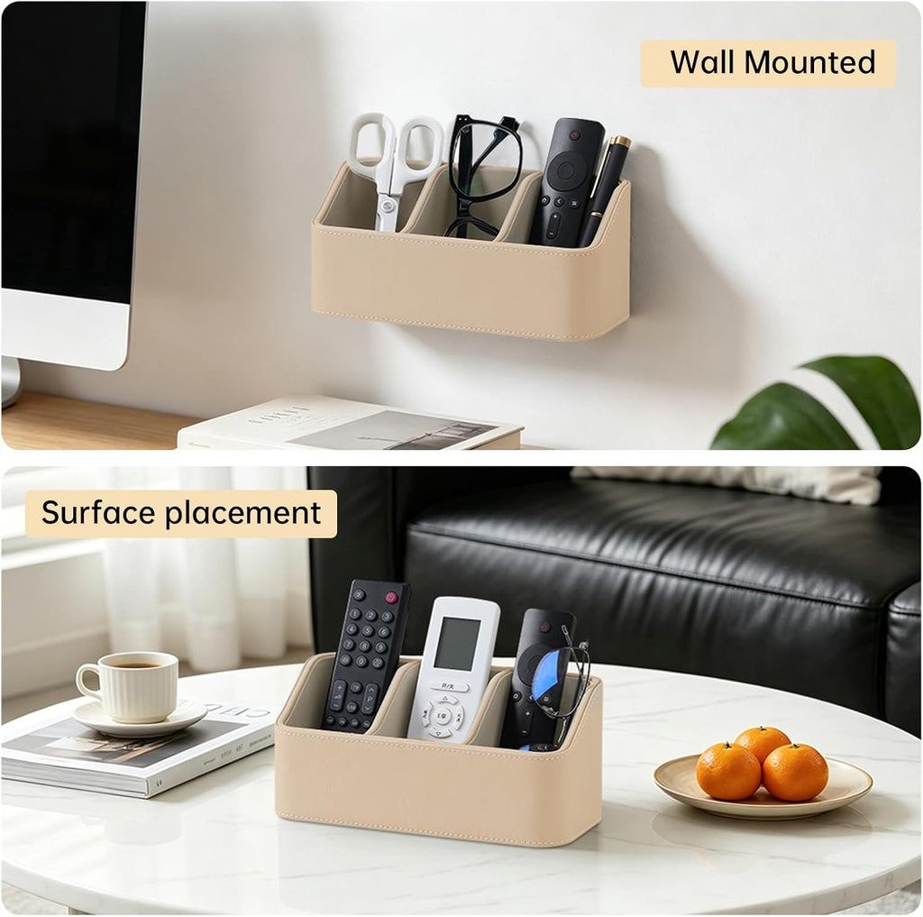Hole-Free Wall-Mounted PU Leather Remote Control Holder, 3-Compartment Desktop Organizer, Perfect for Living Room, Bedroom, TV Side, Bathroom and More (Beige)