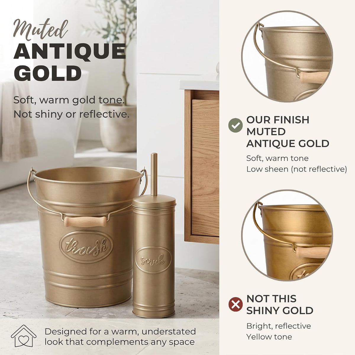 Autumn Alley Rustic Farmhouse Bathroom Trash Can and Toilet Brush Set - Rustic Bathroom Accessories for Charming Bathroom Décor, Antique Gold, 2 Gal. Capacity