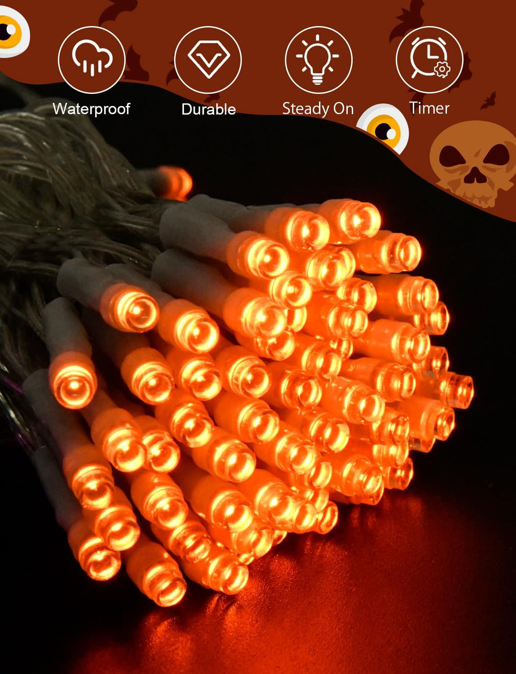 cshare Halloween String Lights Battery Operated with Timer - 9.8ft 30LED Orange Waterproof Lights for Outside Decorations, Party, Yard, Pathway, Indoor and Outdoor 2 Packs
