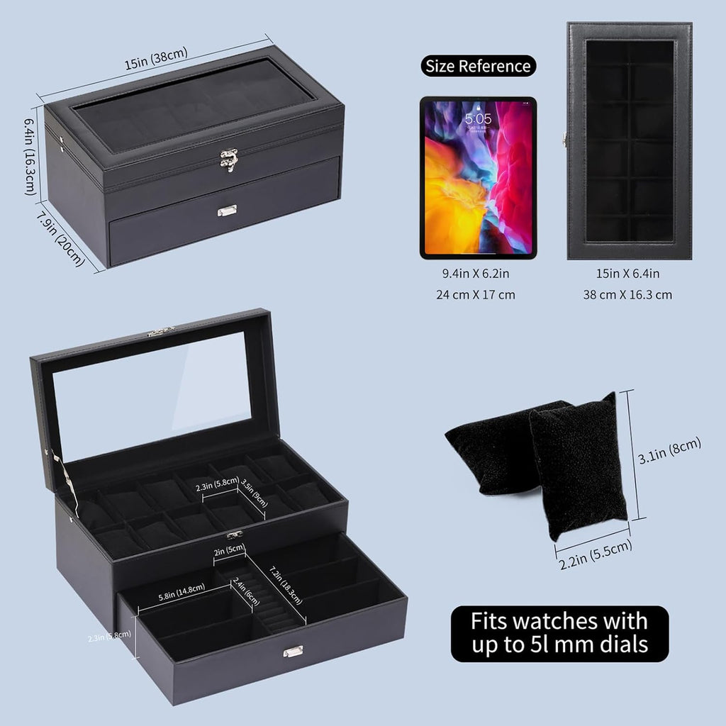 AUTOARK Leather & Velvet Watch Box & Sunglass Organizer,Black,MKAW039