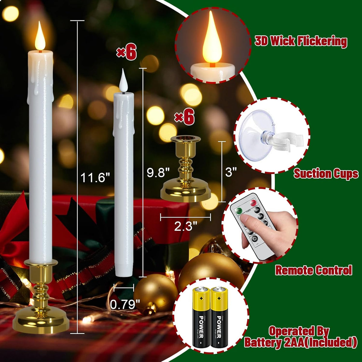 Eldnacele White Christmas Flameless Window Candles with Remote and Timer