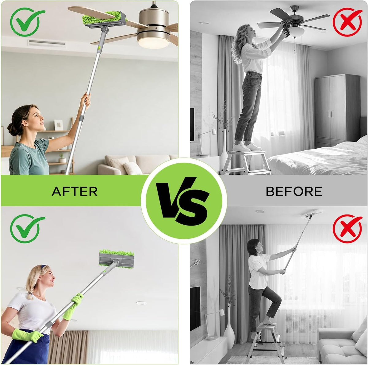 Extendable Fan Duster Set with 72 Inch Handle,Reusable Brush Cloths, for Ceiling Fan, Blinds & Baseboards