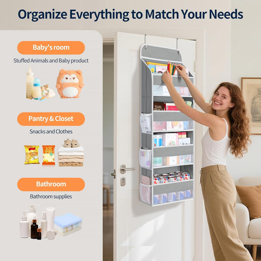 Yecaye Over The Door Organizer, Heavy Duty Hanging Organizers and Storage with 4 Large Capacity Pockets, Swing-Proof Behind The Door Storage for Bathroom Nursery Bedroom Dorm Closet, Grey,1Pc