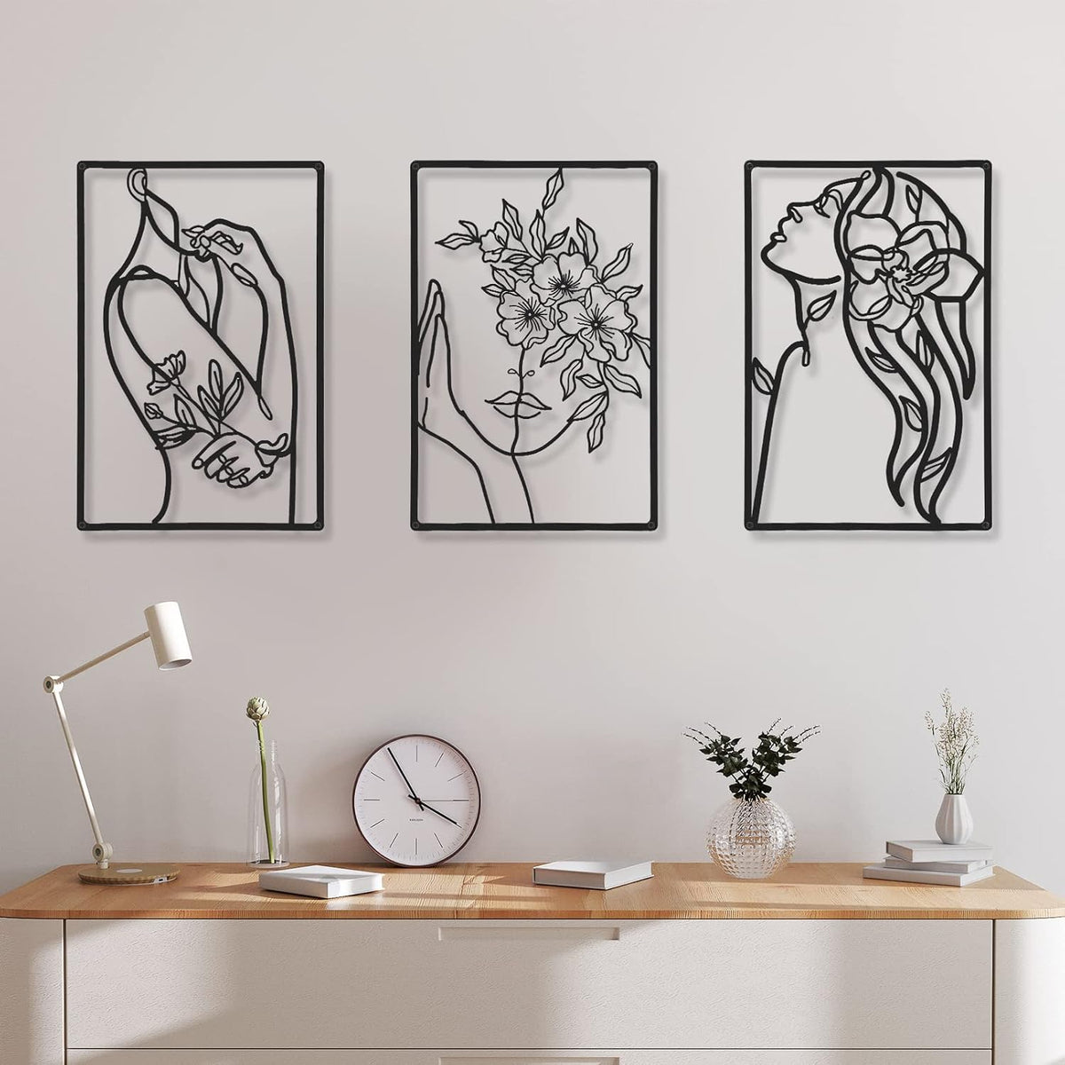 CHENGU 3 Pieces Minimalist Metal Wall Art Decor, Abstract Woman Line Art Wall Decor, Modern Metal Sculpture for Living Room Bedroom Bathroom Apartment Aesthetic Home Decoration